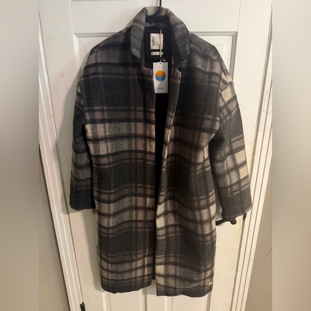 Vuori Plaid Trench Coat in Black and Cream